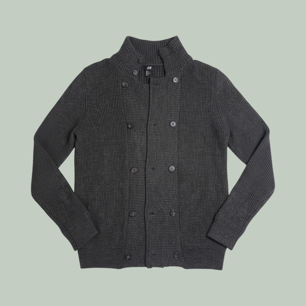 H&M Sweater Mens Medium Gray Ribbed Knit Mock Neck Dble Breasted Military Style